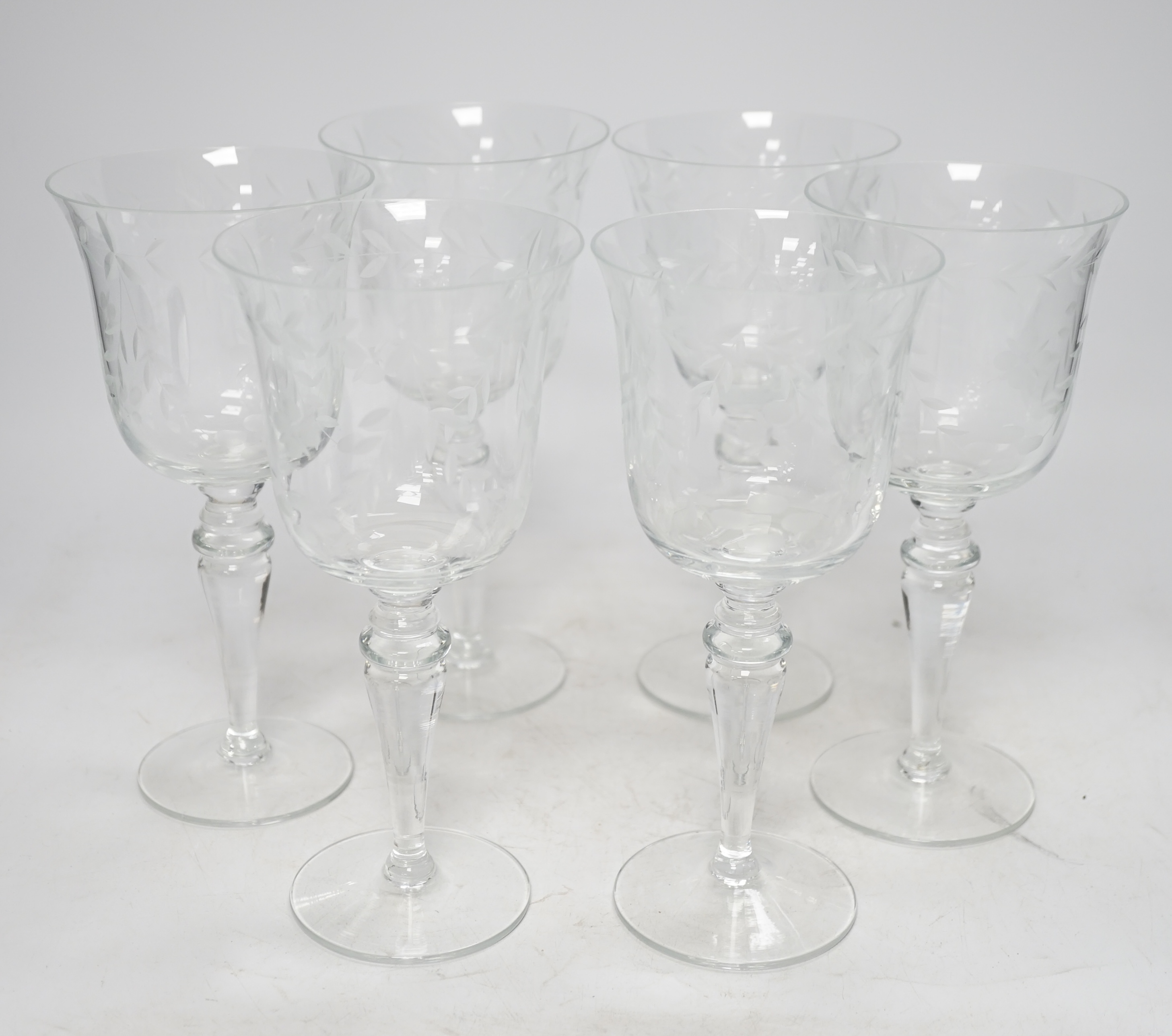 A set of six etched wine glasses, 20.5cm. Condition - good